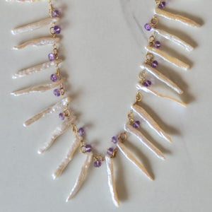 Akoya Pearl, Amethyst, + Blue Kyanite Shaker Necklace