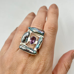 Biwa Pearl + Amethyst Ring