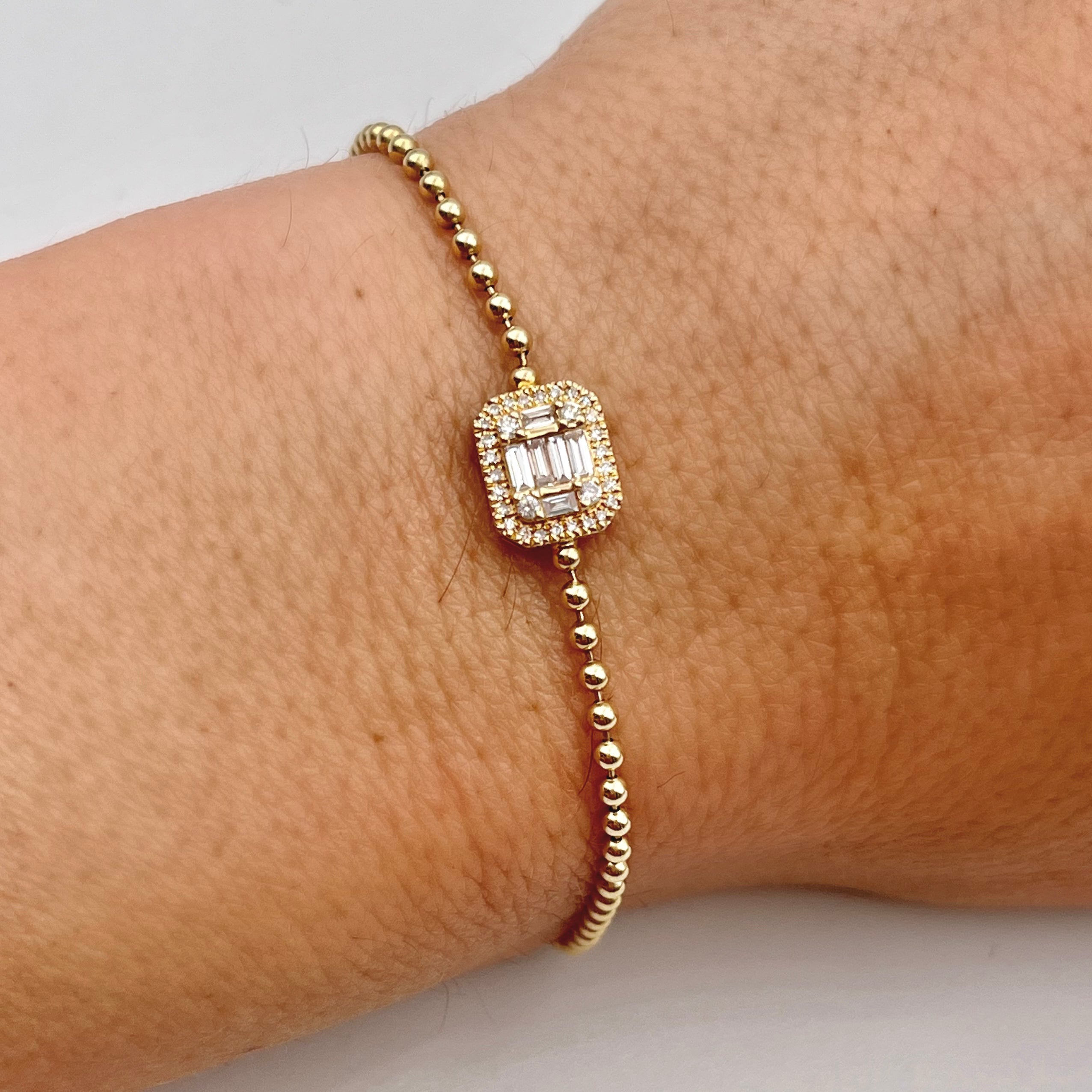 14k Baguette Diamond Beaded Bracelet