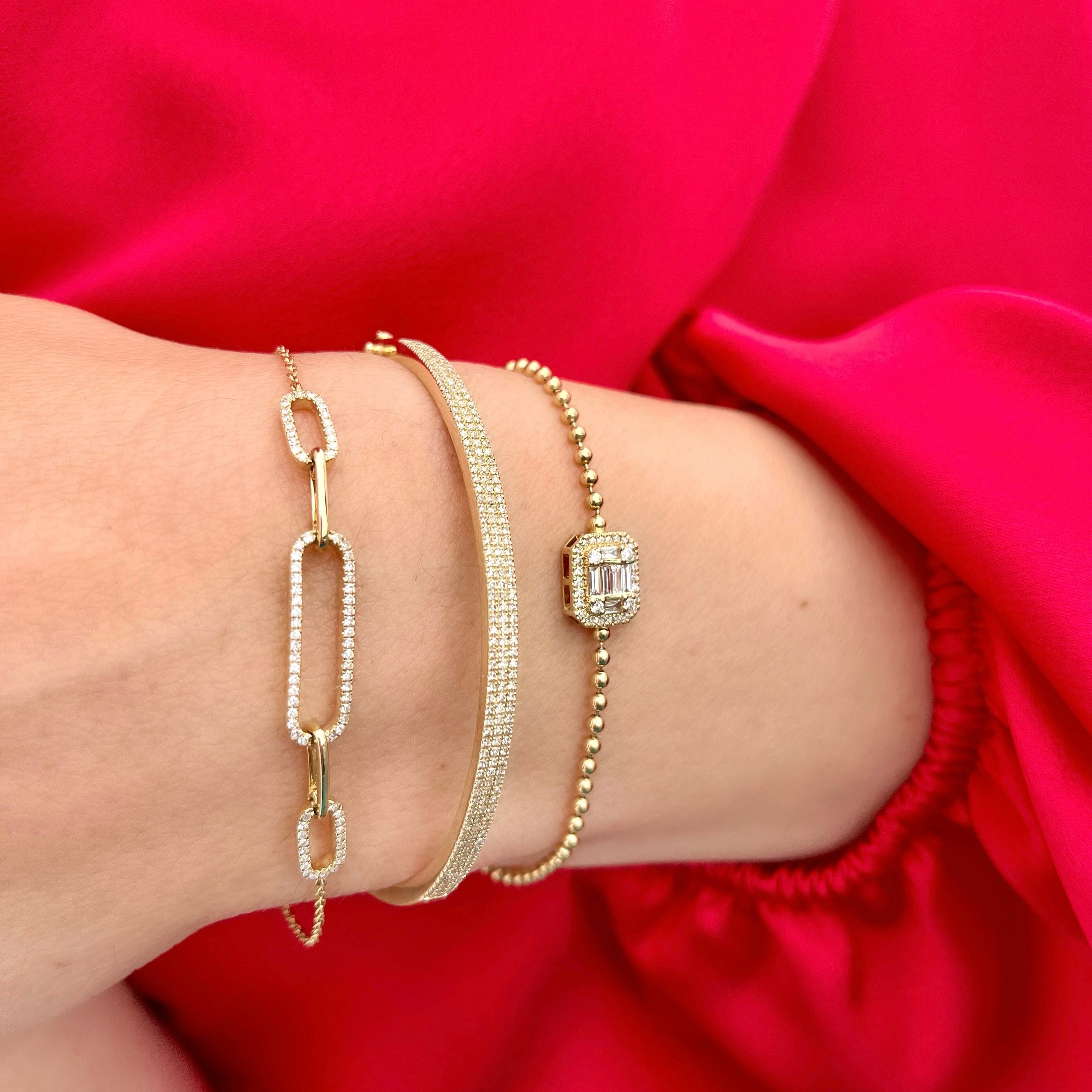 14k Baguette Diamond Beaded Bracelet